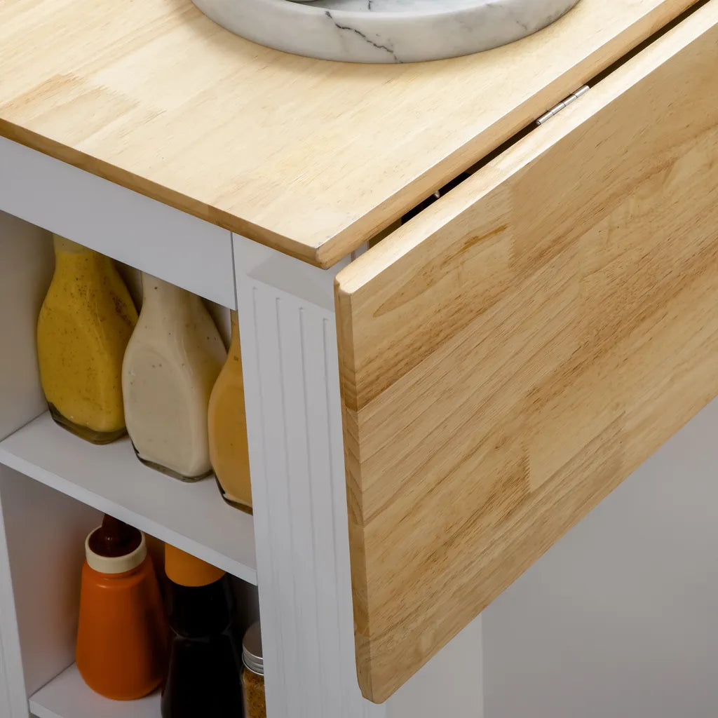  HOMCOM Kücheninsel, Sideboard Mit Erweiterbarer Arbeitsfläche, Küchenschrank Mit Schubladen, Gewürzregalen, Servierwagen Aus Holz Für Küche, Weiß, 108 X 78,4 X 84 Cm