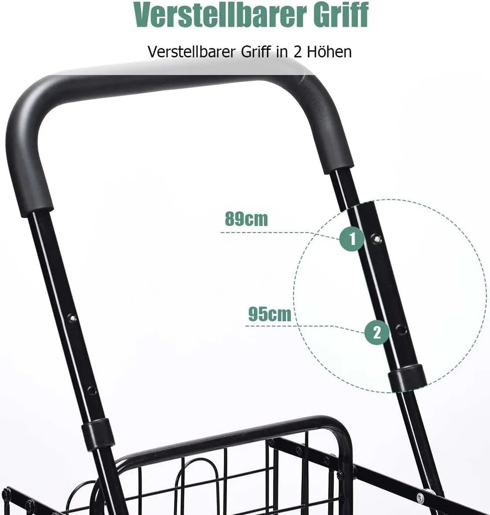 COSTWAY Klappbarer Einkaufstrolley, Einkaufswagen Mit Universalrädern & Doppelkorb, 48L+10L, Tragbarer Handwagen Mit Verstellbarer Griff, Rollwagen Allzweckwagen Für Wäsche Einkaufen Gepäck (Schwarz)