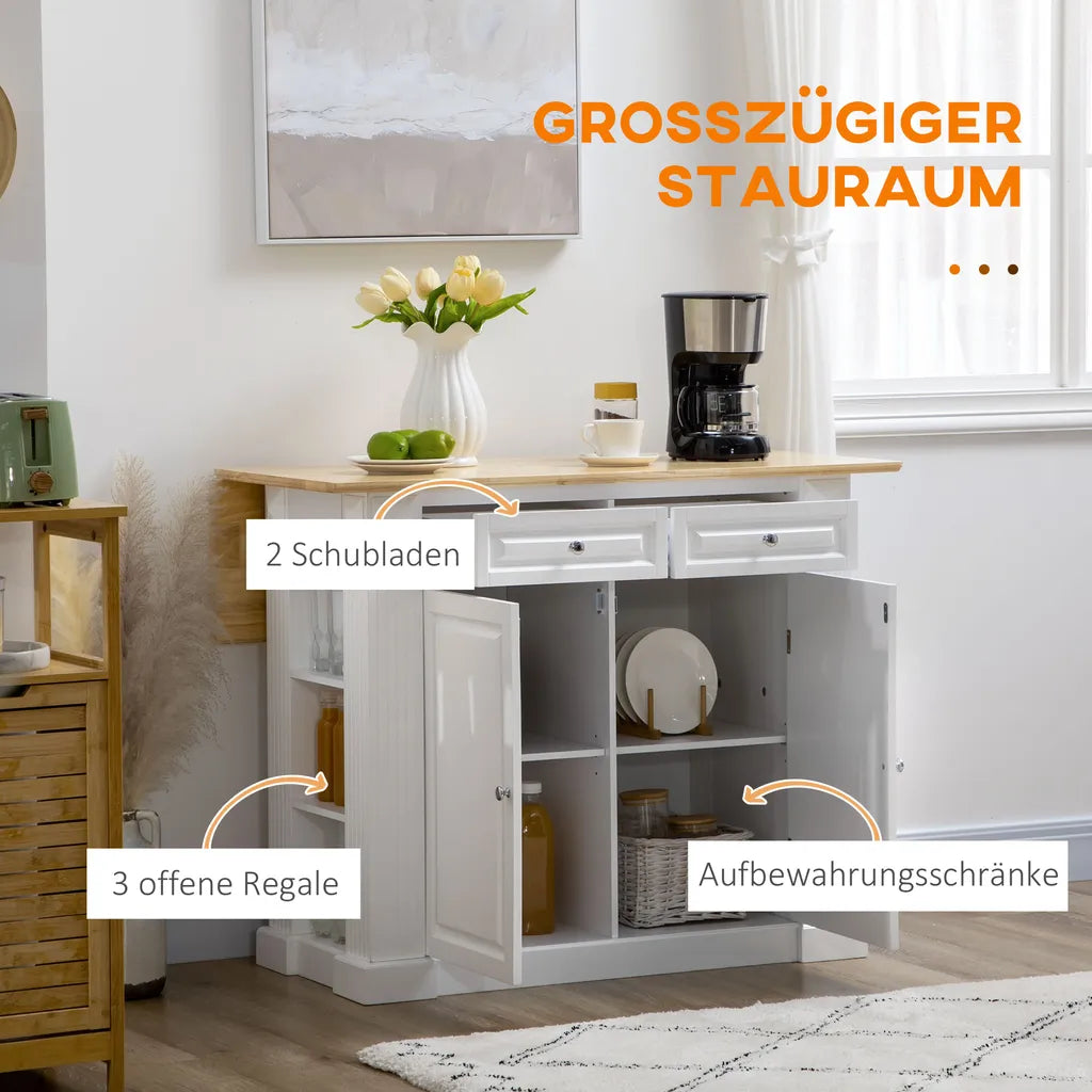  HOMCOM Kücheninsel, Sideboard Mit Erweiterbarer Arbeitsfläche, Küchenschrank Mit Schubladen, Gewürzregalen, Servierwagen Aus Holz Für Küche, Weiß, 108 X 78,4 X 84 Cm