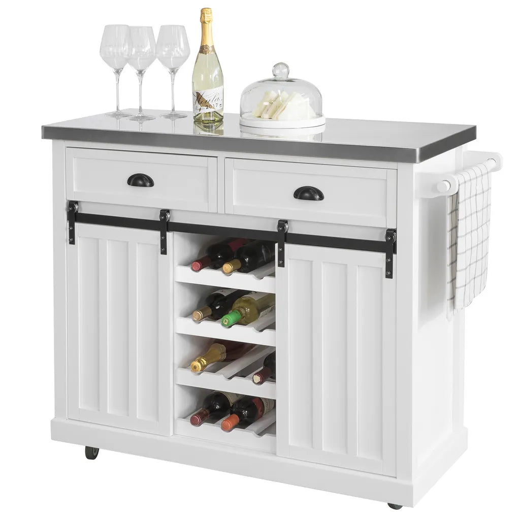  SoBuy FKW94-W Design Küchenwagen Mit Flaschenablage Küchenschrank Mit 2 Schiebetüren Und 2 Schubladen Servierwagen Mit Edelstahlplatte Sideboard Weiß