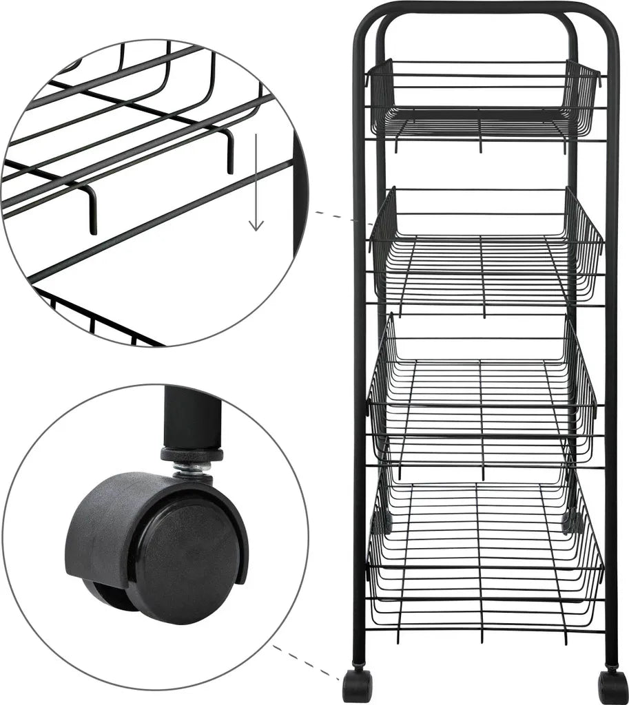  ONVAYA® Beistellwagen Susi Mit 4 Körben | Schwarz | 39x26x76 Cm | Rollwagen | Küchenwagen | Wagen | Metall | Regal | Bad | Servierwagen | Haushaltswagen | Allzweckwagen | Küchentrolley