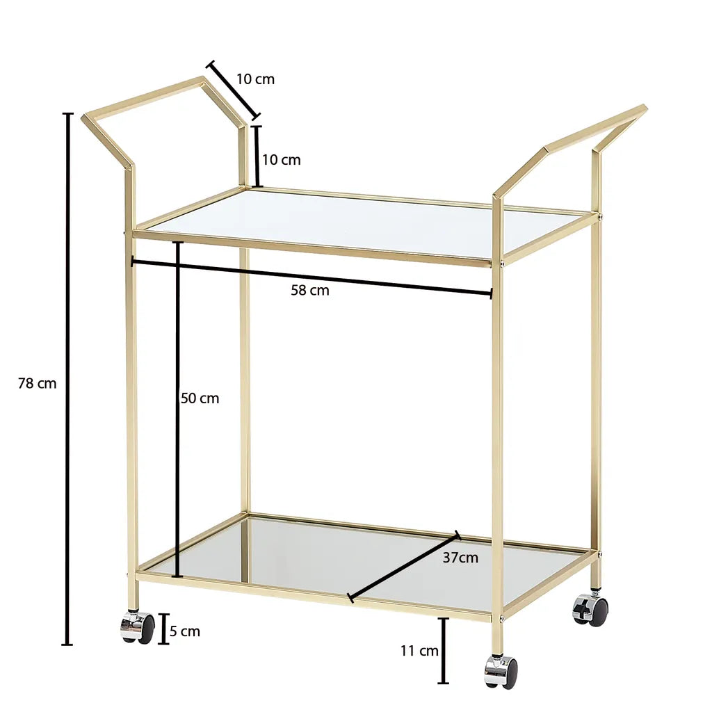  WOHNLING Design Servierwagen Gold 73x78x37 Cm Küchenwagen Glas / Metall | Mobiler Beistelltisch | Speisewagen Mit Glasplatte | Teewagen Mini Bar Auf 4 Rollen