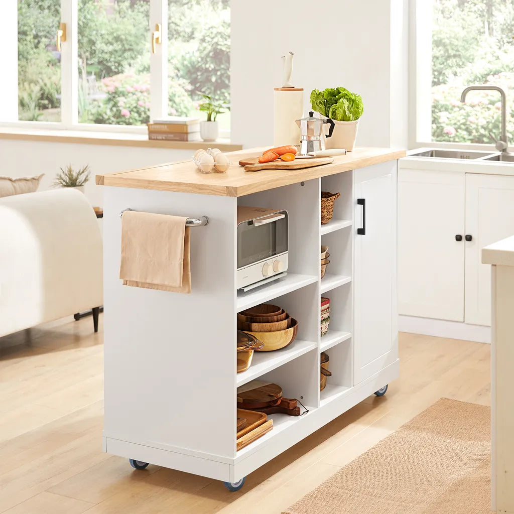  SoBuy FKW105-WN Design Küchenwagen Mit Arbeitsplatte Kücheninsel Küchenschrank Rollwagen Mikrowellenschrank Weiß-Natur BHT Ca.: 127x94x51cm