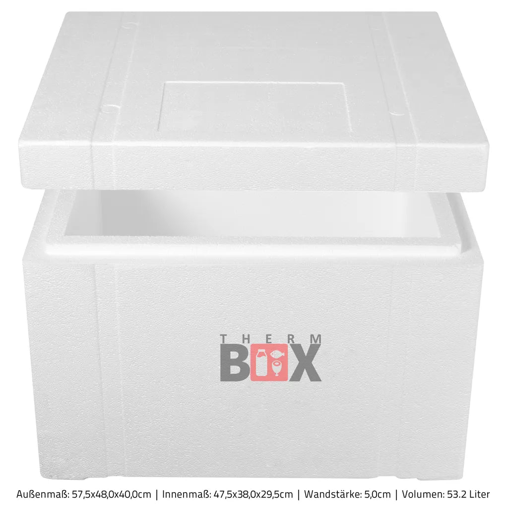  Styroporbox 53W | Wand: 5,0cm | Volumen: 53,2L | Innenmaß:47x38x29cm | Weiß Isolierbox Thermobox Kühlbox Warmhaltebox