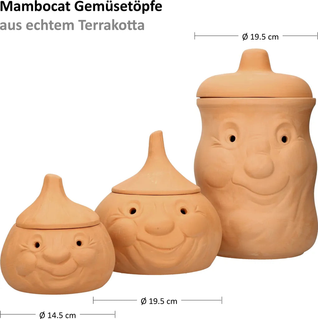  Mambocat 3tlg. Terrakotta-Töpfe Set Knoblauchtopf + Zwiebeltopf + Kartoffeltopf Vorrats-Dosen