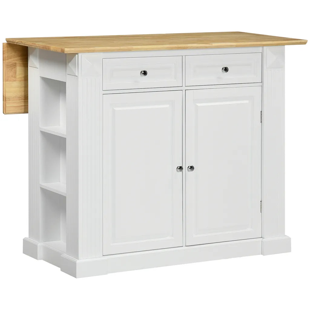  HOMCOM Kücheninsel, Sideboard Mit Erweiterbarer Arbeitsfläche, Küchenschrank Mit Schubladen, Gewürzregalen, Servierwagen Aus Holz Für Küche, Weiß, 108 X 78,4 X 84 Cm