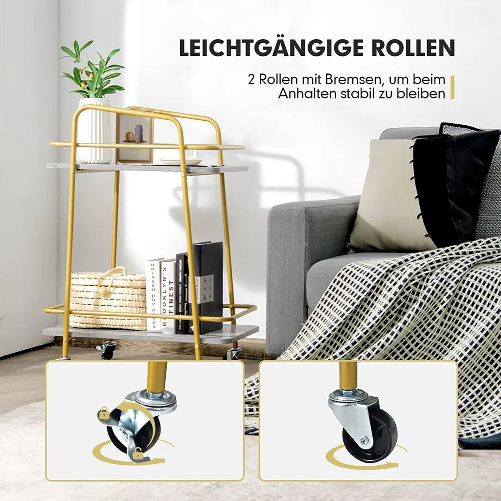  COSTWAY Küchenwagen Mit Universalrädern, Barwagen Rollwagen 2 Ablagen, Mobiler Servierwagen, Haushaltswagen Mit Stahlrahmen, Mehrzweckwagen Für Haus, Restaurant, Allzweckwagen Badwagen, Grau+Golden