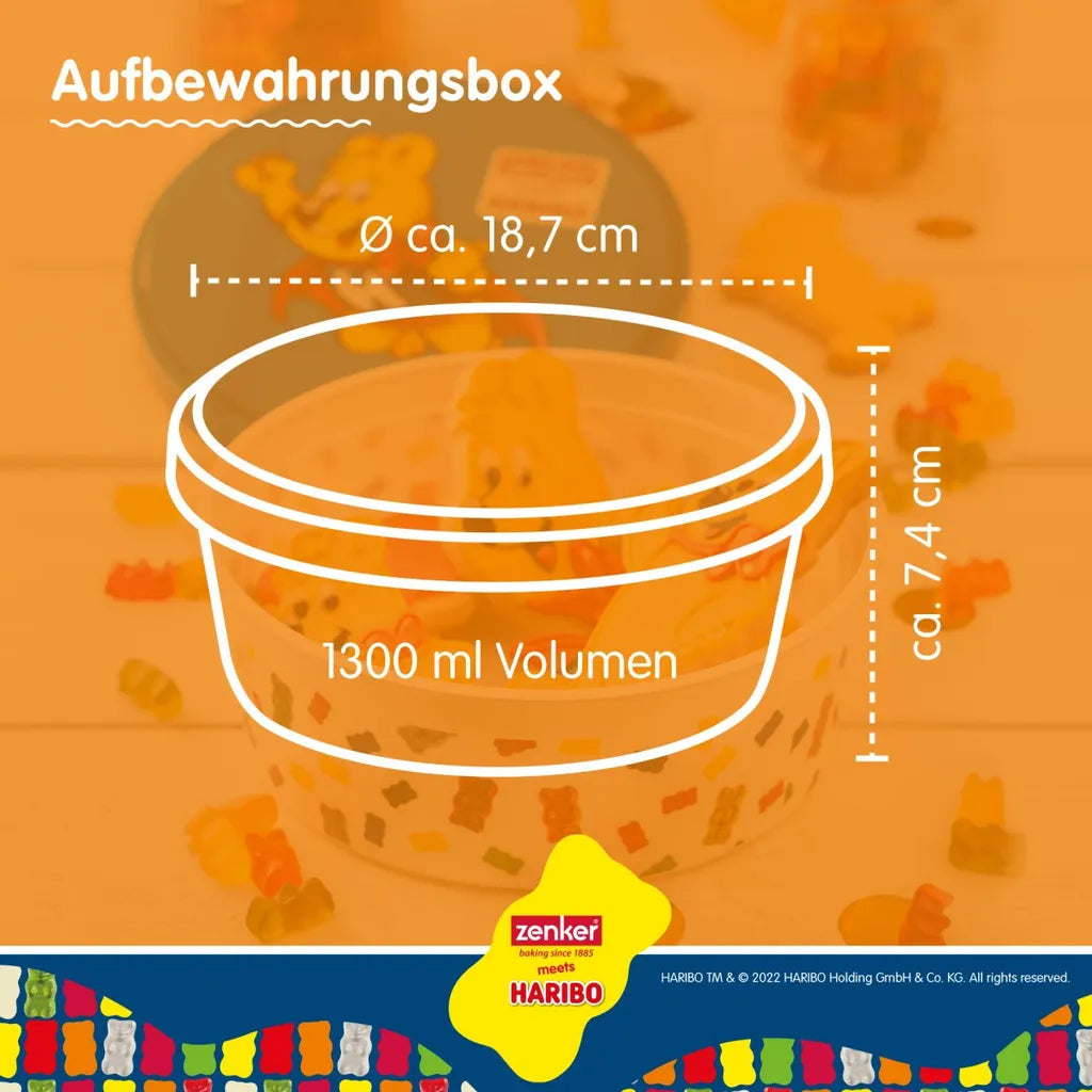  Zenker Haribo Vorratsdose Als Aufbewahrung Für Snacks Und Süßigkeiten Frischhaltedose Aus Kunststoff Mit Süßem Goldbär-Design Runde Dose Für Die Küche