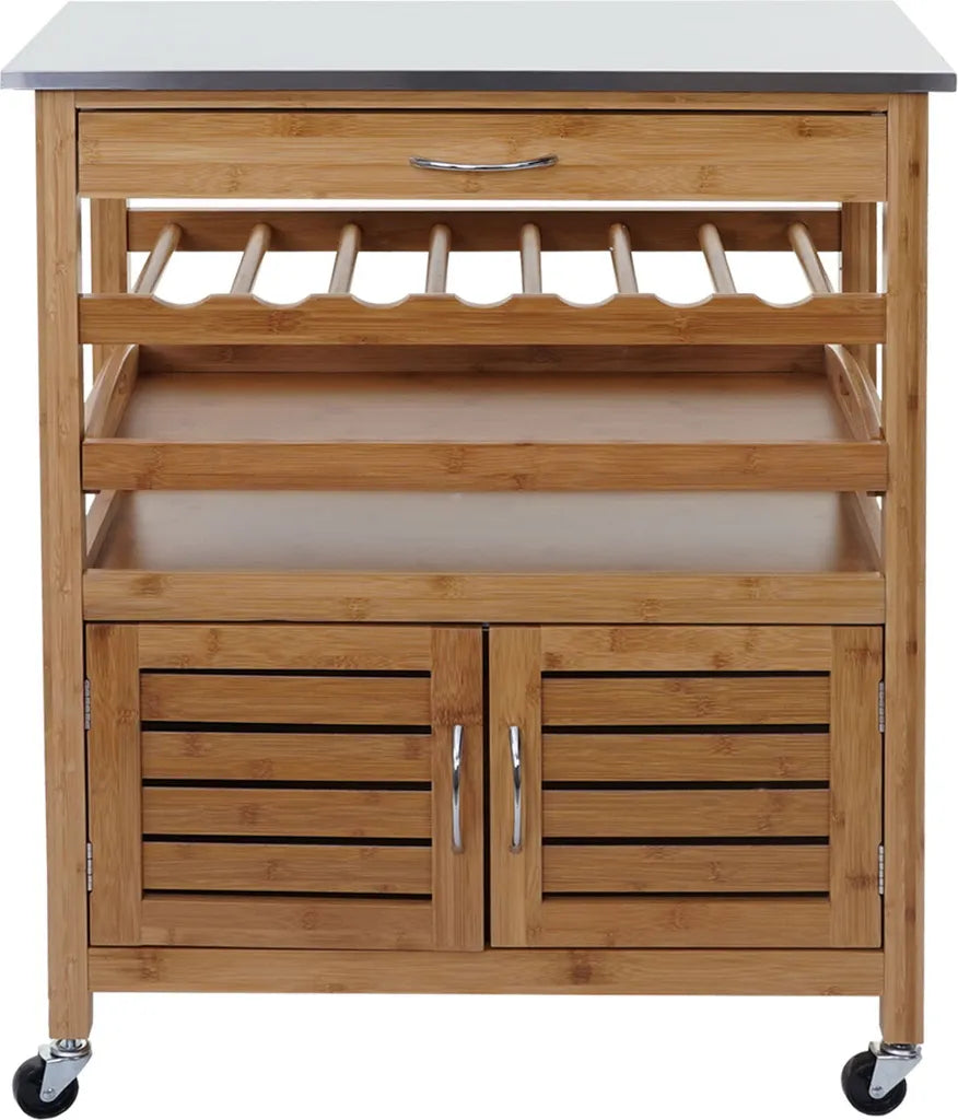  Servierwagen HWC-D15, Küchenwagen Barwagen Rollwagen Küchenhelfer Beistellwagen, Bambus Mit Edelstahlplatte 89x70x37cm