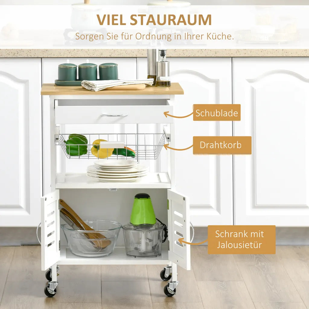  HOMCOM Küchenwagen Küchenrollwagen Servierwagen Mit Schublade Abnehmbares Tablett Bambus MDF Metall Weiß+Natur 58 X 37 X 83 Cm