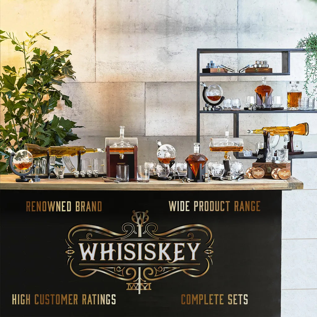  Whisiskey - Whisky Karaffe - Geschenke Für Männer - Komplette Whiskey Set - Globus - 900ML – Inkl. 4 Whisky Steine, 4 Whisky Gläser & Ausgießer - Whisky Dekanter – Whiskygläser - Natursteine