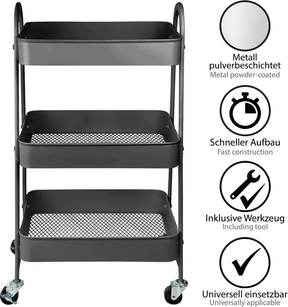  ONVAYA® Servierwagen Silvio | Beistellwagen | Dunkelgrau | 30,5 X 45 X 77 Cm | 3 Fächer | Multifunktionswagen | Transportwagen | Allzweckwagen | Küchentrolley | Nischenregal