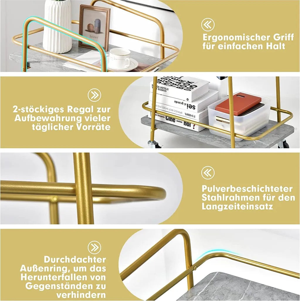  COSTWAY Küchenwagen Mit Universalrädern, Barwagen Rollwagen 2 Ablagen, Mobiler Servierwagen, Haushaltswagen Mit Stahlrahmen, Mehrzweckwagen Für Haus, Restaurant, Allzweckwagen Badwagen, Grau+Golden