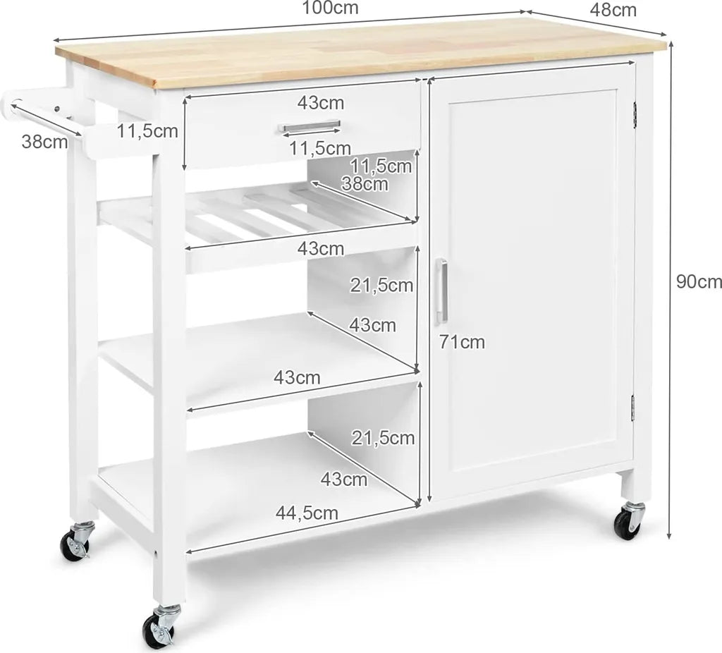  COSTWAY Küchenwagen Auf Rollen, Kücheninsel Mit Schublade, Weinregal, Offene Regale & Handtuchhalter, Platzsparender Servierwagen, Für Küche, Esszimmer, Bar, Weiß