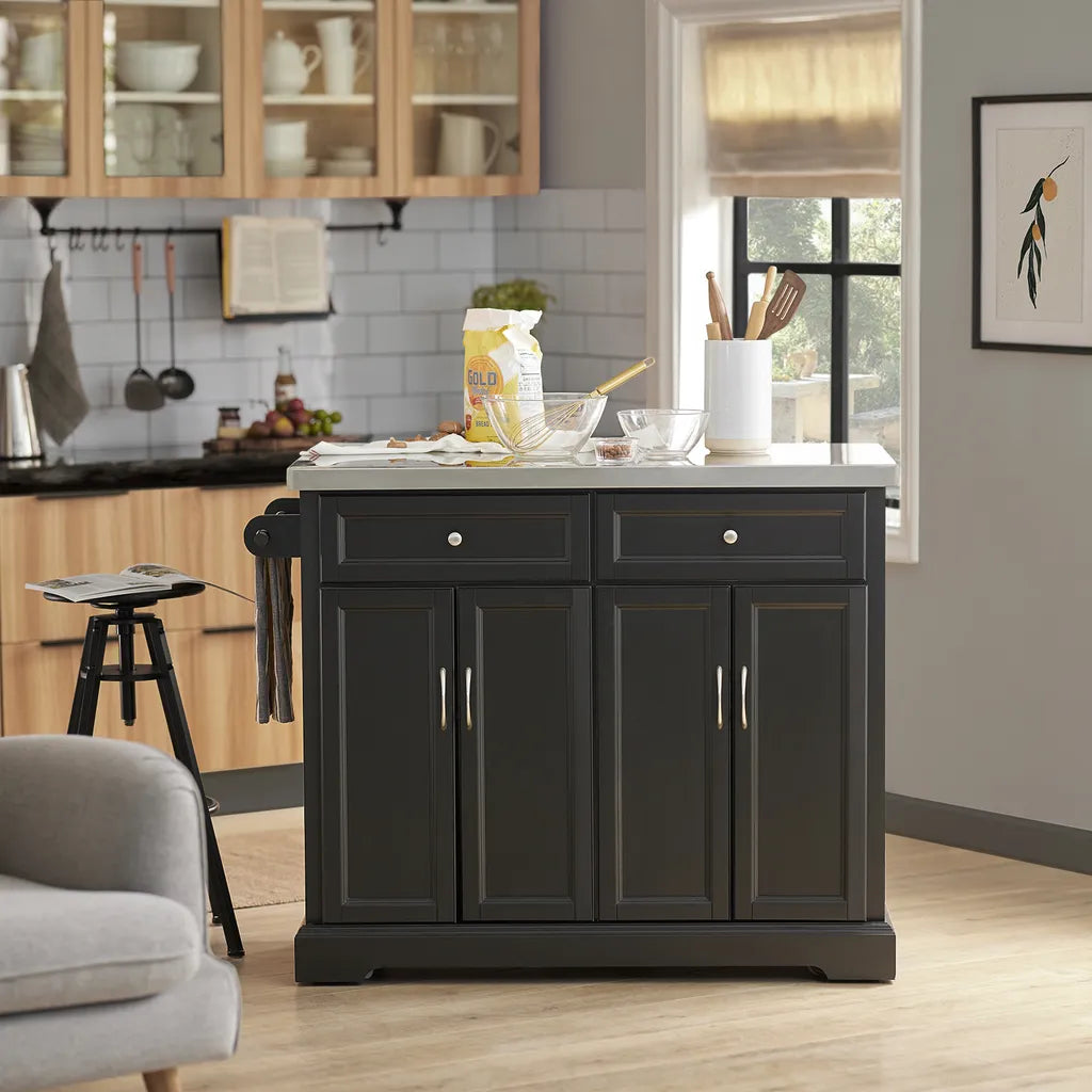  SoBuy FKW71-SCH Kücheninsel Küchenwagen Mit Erweiterbarer Edelstahlarbeitsplatte Küchenschrank Servierwagen Holz Schwarz BHT Ca.: 115x92x46-71cm