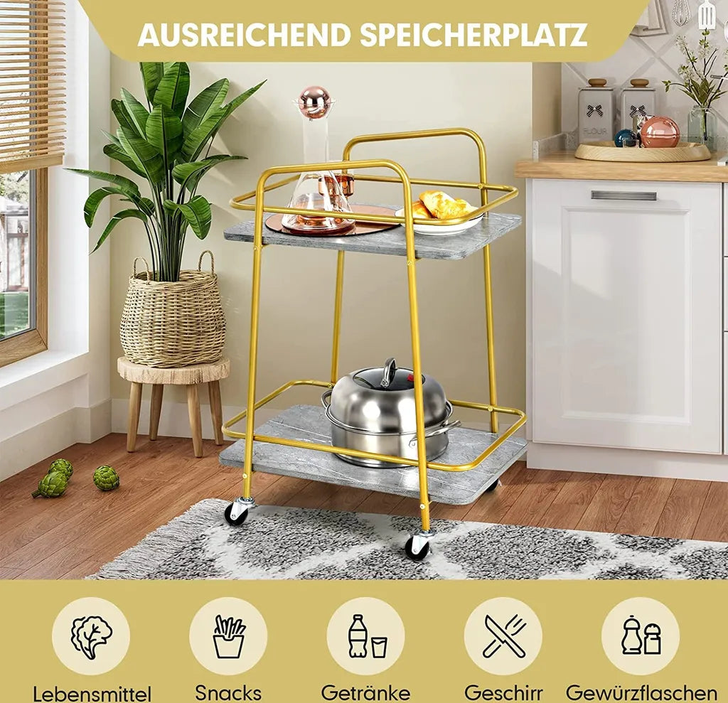  COSTWAY Küchenwagen Mit Universalrädern, Barwagen Rollwagen 2 Ablagen, Mobiler Servierwagen, Haushaltswagen Mit Stahlrahmen, Mehrzweckwagen Für Haus, Restaurant, Allzweckwagen Badwagen, Grau+Golden