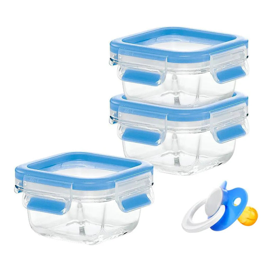  EMSA Clip & Close Glas, Set, Quadratisch, 0,2 L, Blau, Transparent, Polypropylen (PP), Thermoplastisches Elastomer (TPE), Deutschland