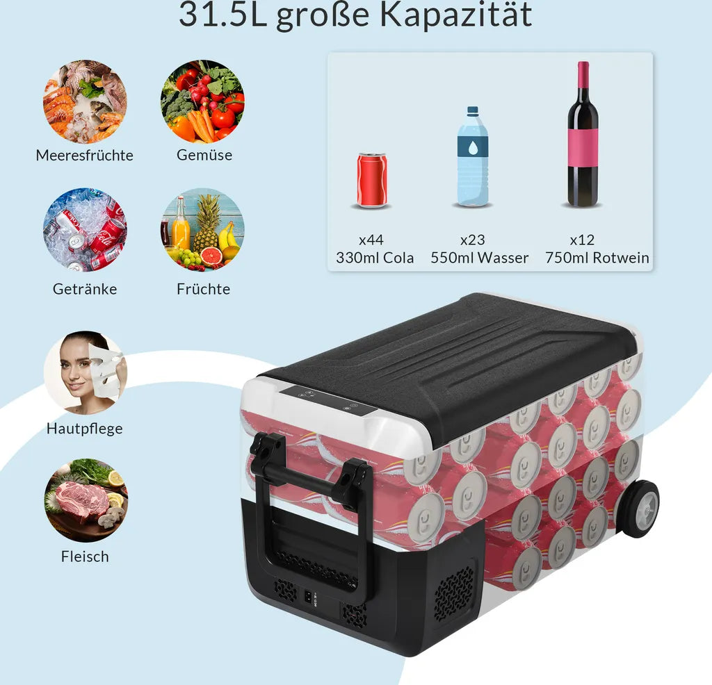  Merax Elektrisch Kühlbox Mit Kompressor 31.5L Schwarz, Mini Kühlschrank Tragbar Kühlleistung Bis -20° C, Gefrierbox 12/24 V Und 230 V Für Büro, Auto, Camping, Garten