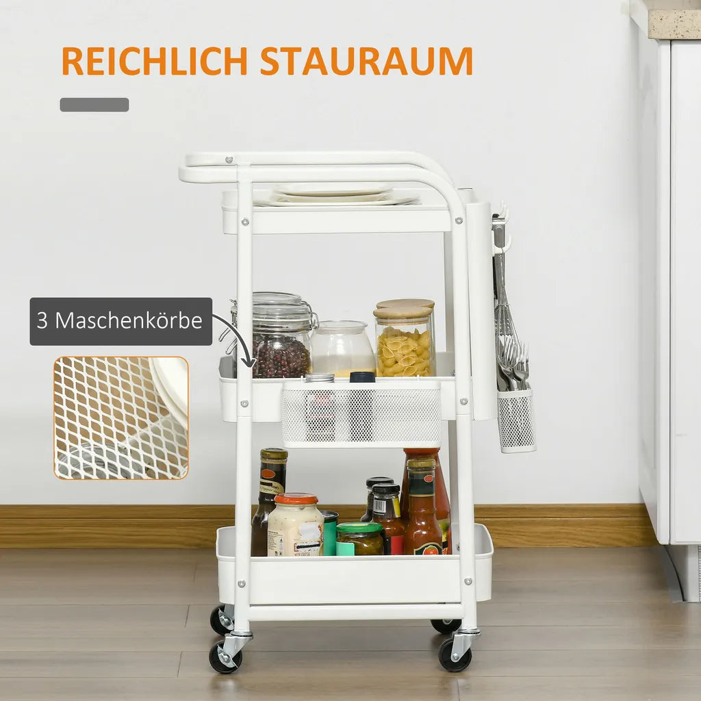 HOMCOM Rollwagen3-Etagen Küchenwagen Mit Schubladen Und Korb Für Küche Büro Schlafzimmer Wohnzimmer Stahl Weiß 51,5 X 32 X 75,6 Cm