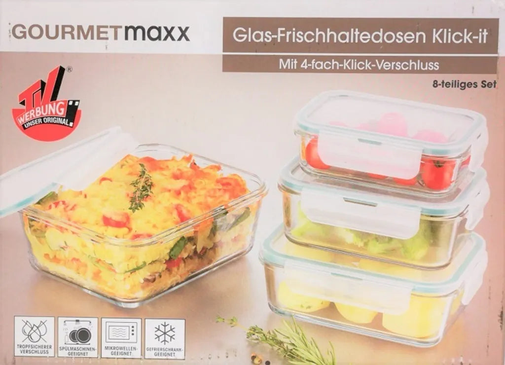  GOURMETmaxx Glas-Frischhaltedosen Klick-it 8-tlg. Frischhaltedosen 4er Set Glas Klick-It Gefrierdosen Lunchbox Brotdose Mikrowelle