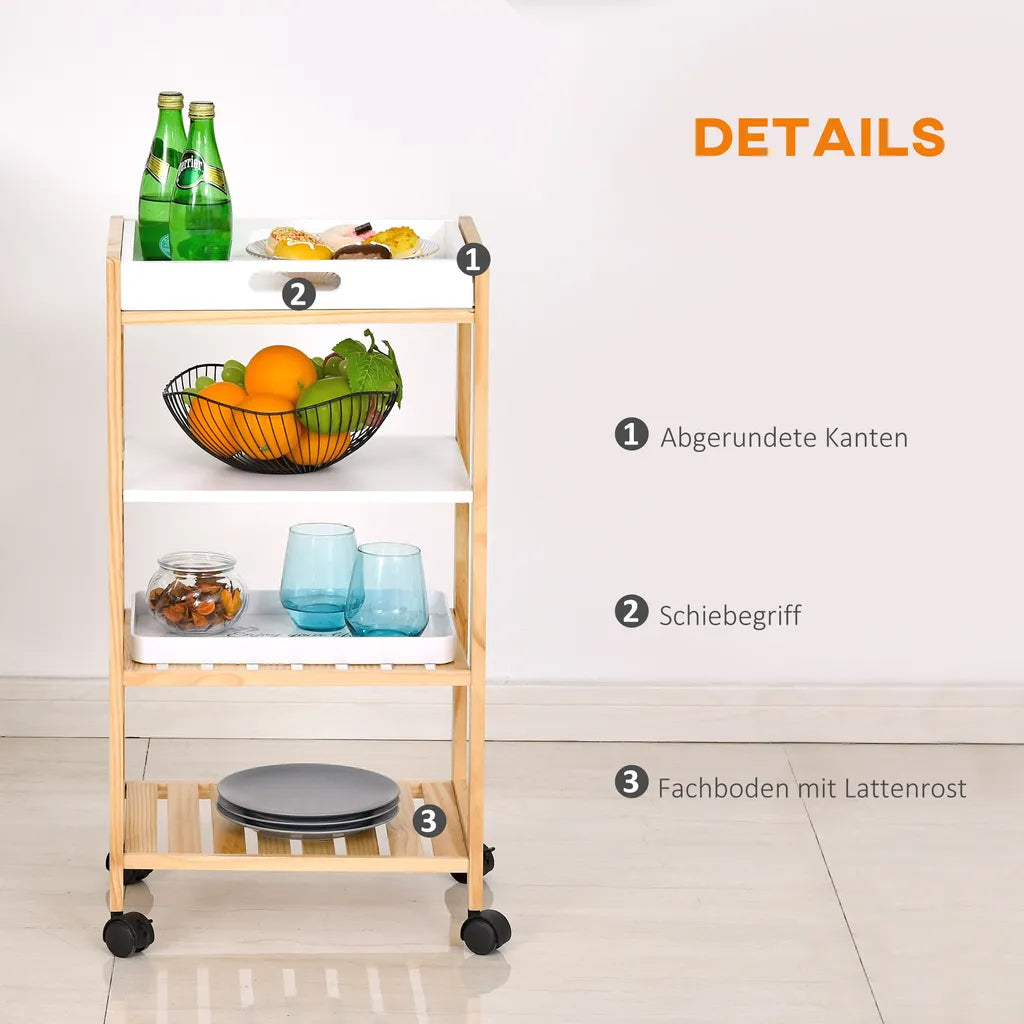  HOMCOM Küchenwagen, Küchenrollwagen, Servierwagen Mit Ablage, Abnehmbares Tablett Kiefer Weiß+Natur 40 X 30 X 76 Cm