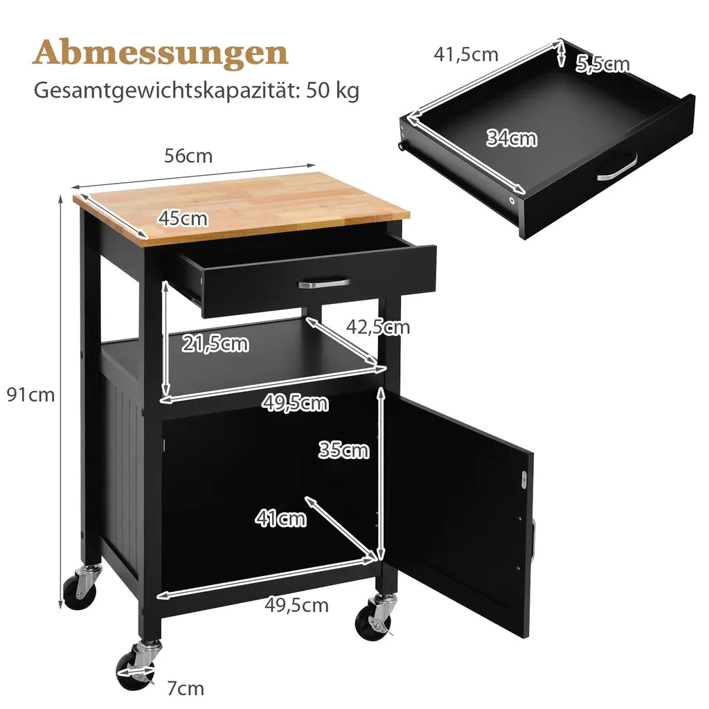  COSTWAY Kleiner Küchenwagen Auf Rollen, Servierwagen Mit Schrank & Schublade Und 3 Haken, Arbeitsplatte Aus Holz, Rollwagen Kücheninsel, Küchentrolley Im Landhausstil (Schwarz)
