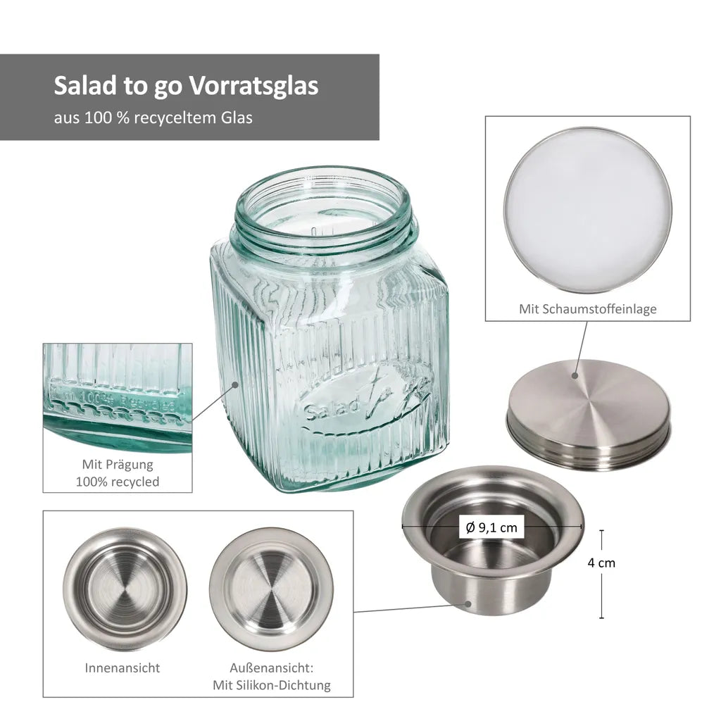  3tlg Set Salat To Go Vorratsglas 1L Lunch-Box Für Salat Nachhaltig Aufbewahrung