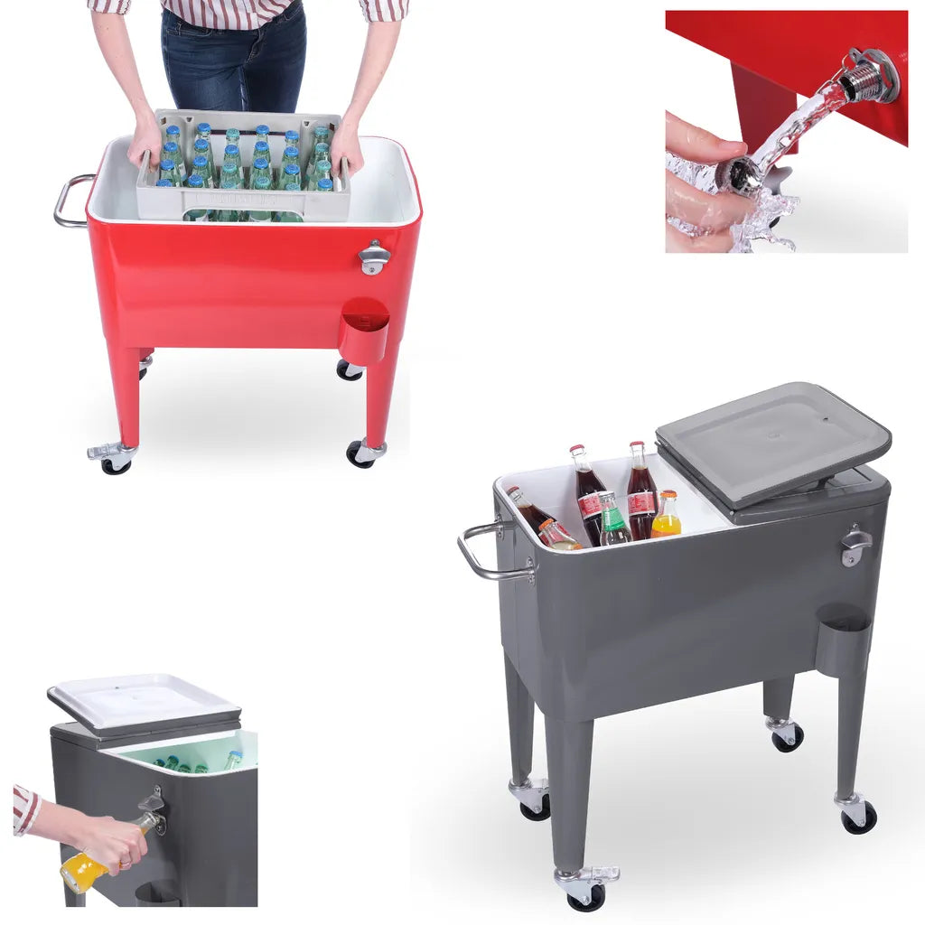  Kühlwagen, Servierwagen Outdoor Mit Großer Kühlbox, Getränkekühler Beistellwagen Für Garten, Rollbarer Party Kühlwagen Im Retro-Look – 57l, Farbe:anthrazit