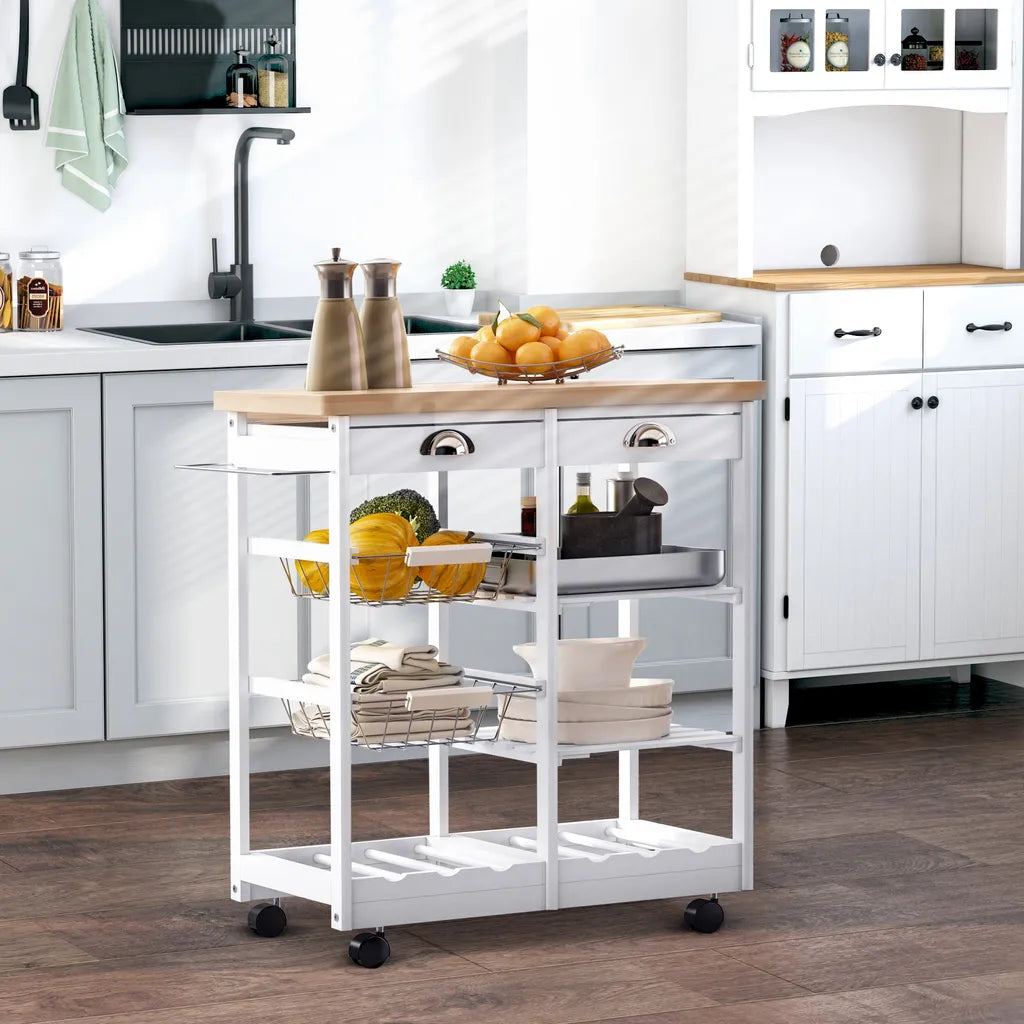  HOMCOM Küchenwagen Servierwagen Mit Ausziehbarem Korb Schublade Küchenrollwagen Weinablage Küchentrolley Holz Weiß 74 X 37 X 76 Cm