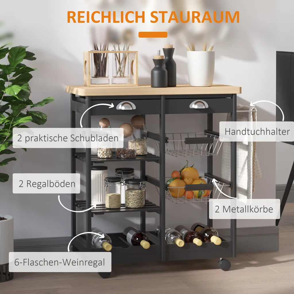  HOMCOM Küchenwagen Servierwagen Mit Ausziehbarem Korb Schublade Küchenrollwagen Weinablage Küchentrolley Holz Schwarz 74 X 37 X 76 Cm