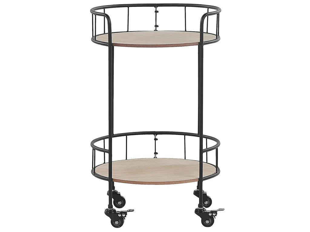  Servierwagen Schwarz / Heller Holzfarbton Aus MDF/ Metall 39 X 39 X 64 Cm Mit 2 Ablagen Rund Viel Stauraum Wohnzimmer Modern Elegant