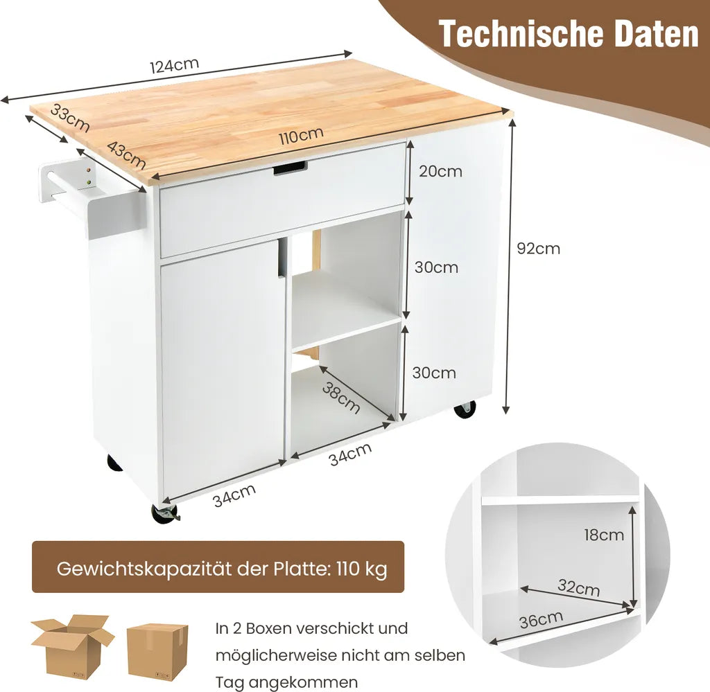 COSTWAY Küchenwagen Mit Ausziehbarer Arbeitsfläche, Servierwagen Auf Rollen, Kücheninselwagen Holz, Küchenschrank Mit Ablagen & Schublade & Gewürzregal, Küchentrolley Für Küche Esszimmer (Weiß)