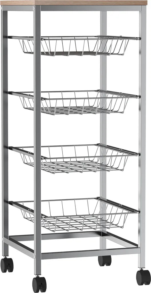  HOMCOM Servierwagen, Küchenwagen Mit Metallkörben, Küchentrolley, Beistellwagen, Silber, 36,5 X 36,5 X 89 Cm