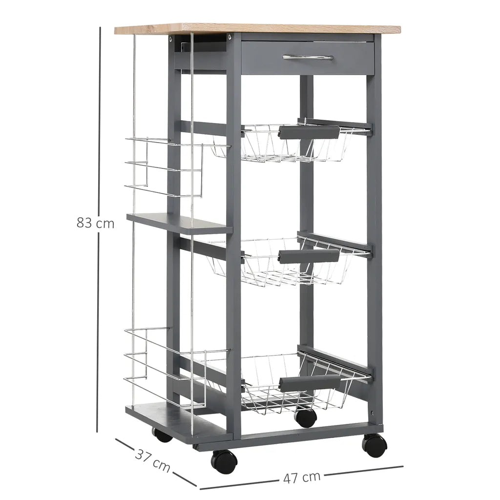  HOMCOM Küchenwagen Auf Rädern, Rollwagen Mit 2 Regalen, Servierwagen, Bastelwagen Mit Arbeitsplatte Und Gewürzregal, Rollregal Für Küche, Esszimmer, Kiefernholz, Grau, 47 X 37 X 83 Cm