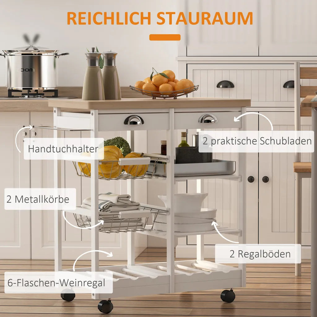  HOMCOM Küchenwagen Servierwagen Mit Ausziehbarem Korb Schublade Küchenrollwagen Weinablage Küchentrolley Holz Weiß 74 X 37 X 76 Cm