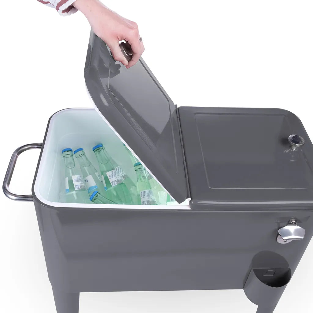  Kühlwagen, Servierwagen Outdoor Mit Großer Kühlbox, Getränkekühler Beistellwagen Für Garten, Rollbarer Party Kühlwagen Im Retro-Look – 57l, Farbe:anthrazit