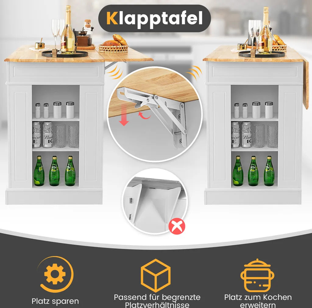  COSTWAY Kücheninsel Aus Gummiholz, Küchenschrank Klappbar Mit Ausziehbarer Arbeitsplatte, Küchenschrank Mit Schubladen, Seitenregalen, 2-türigem Schrank, 3-stufig Verstellbaren Böden
