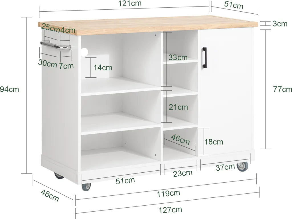  SoBuy FKW105-WN Design Küchenwagen Mit Arbeitsplatte Kücheninsel Küchenschrank Rollwagen Mikrowellenschrank Weiß-Natur BHT Ca.: 127x94x51cm