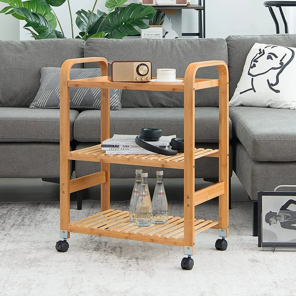  COSTWAY Servierwagen Mit 3 Ablagen, Griffen & Abnehmbarem Rollen, Küchenwagen Bambus Auf Rädern, Mobiler Allzweckwagen Rollwagen Lagerregal Für Küche, Flur & Bad, 58 X 33 X 76 Cm