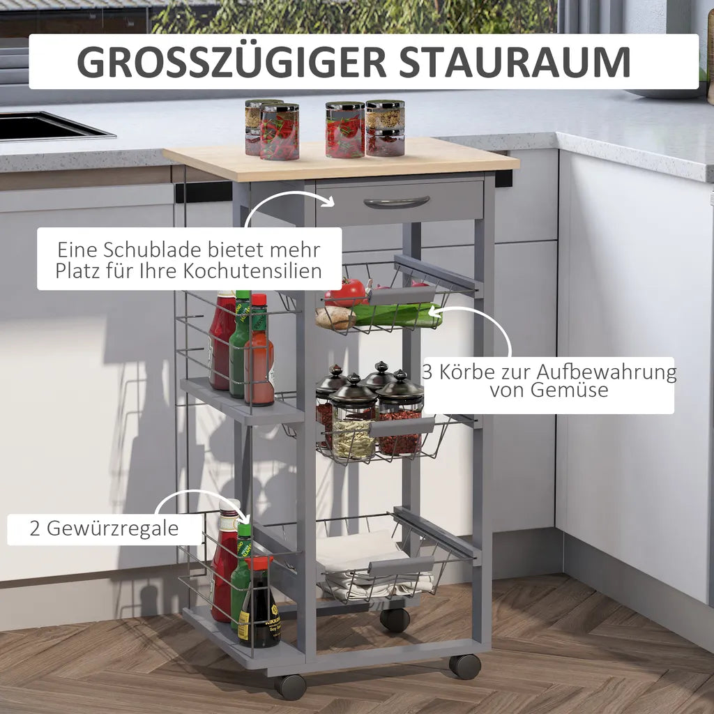  HOMCOM Küchenwagen Auf Rädern, Rollwagen Mit 2 Regalen, Servierwagen, Bastelwagen Mit Arbeitsplatte Und Gewürzregal, Rollregal Für Küche, Esszimmer, Kiefernholz, Grau, 47 X 37 X 83 Cm
