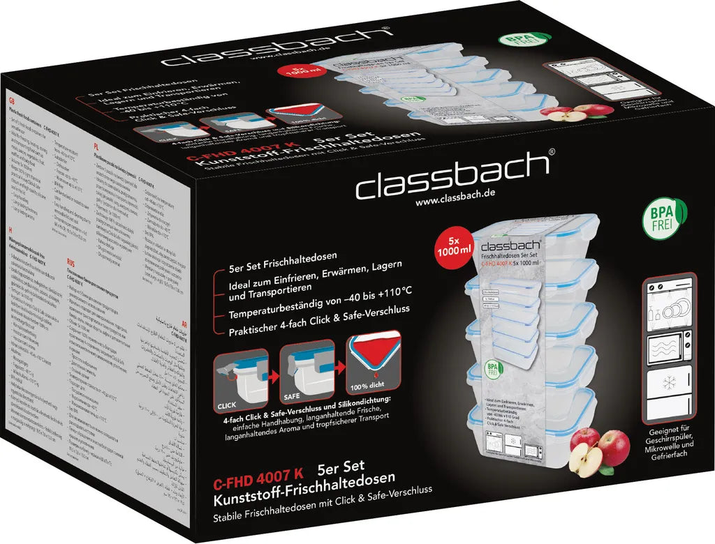  Classbach® 5er-Set Kunststoff-Frischhaltedosen Mit Deckel 100% Dicht, Lunchbox Brotdose Meal Prep Boxen Mit Deckel, Vorratsdosen Geeignet F. Spülmaschine, Mikrowelle Und Gefrierfach C-FHD 4007 K