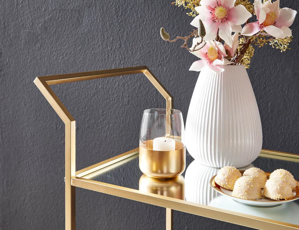  WOHNLING Design Servierwagen Gold 73x78x37 Cm Küchenwagen Glas / Metall | Mobiler Beistelltisch | Speisewagen Mit Glasplatte | Teewagen Mini Bar Auf 4 Rollen