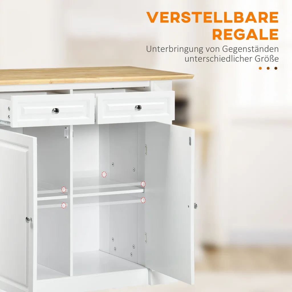 HOMCOM Kücheninsel, Sideboard Mit Erweiterbarer Arbeitsfläche, Küchenschrank Mit Schubladen, Gewürzregalen, Servierwagen Aus Holz Für Küche, Weiß, 108 X 78,4 X 84 Cm