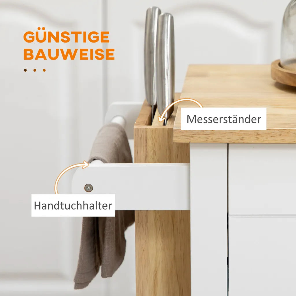  HOMCOM Küchenwagen, Rollwagen, Küchenschrank Mit Arbeitsplatte Aus Gummiholz, Trolley, Beistellwagen Auf Rollen, Servierwagen Mit Schublade, Werkzeugkasten Für Küche, Weiß, 89 X 48 X 89 Cm