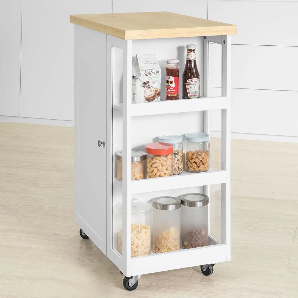  SoBuy FKW75-WN Küchenwagen Servierwagen Beistellwagen Rollwagen Mit 1 Tür Und 3 Regalböden Weiß-Natur BHT Ca.: 60x90x40cm