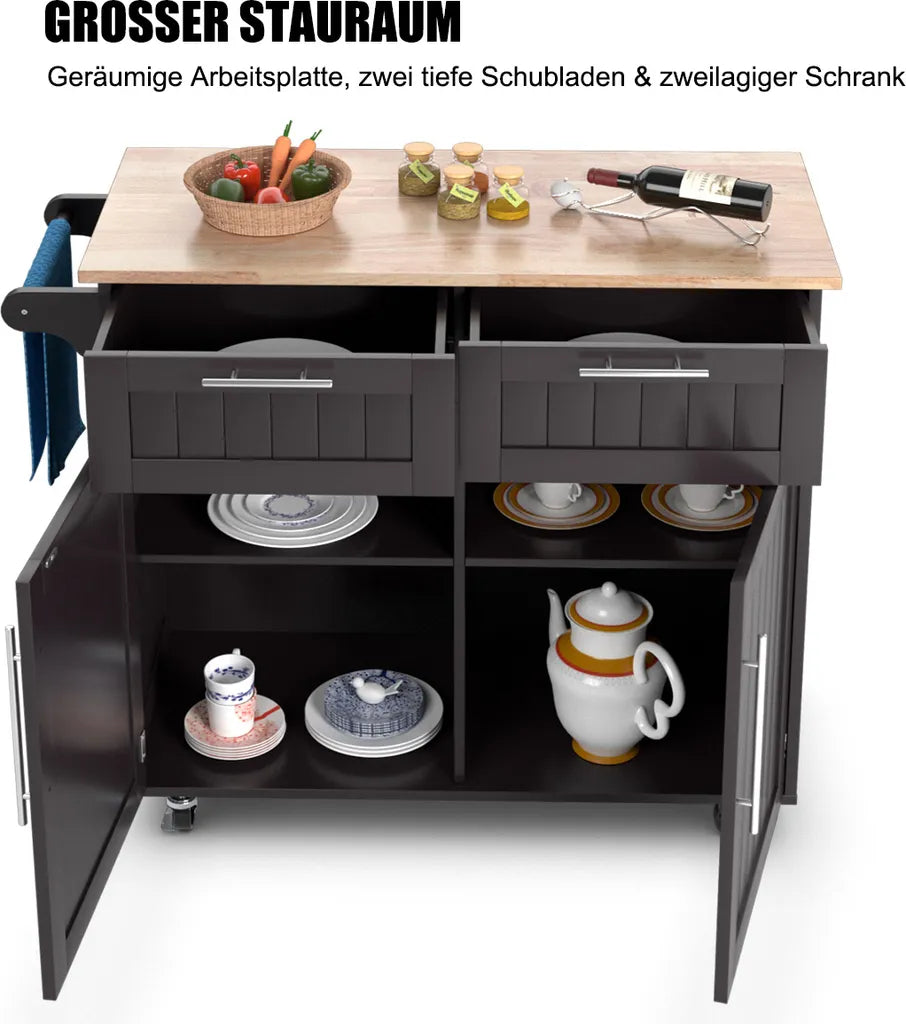  COSTWAY Küchenwagen Kücheninsel Mit Arbeitsplatte, 2 Schubladen Türen & Handtuchhalter, Servierwagen Holz Mit Rollen, 94x45,5x94,5cm, Braun