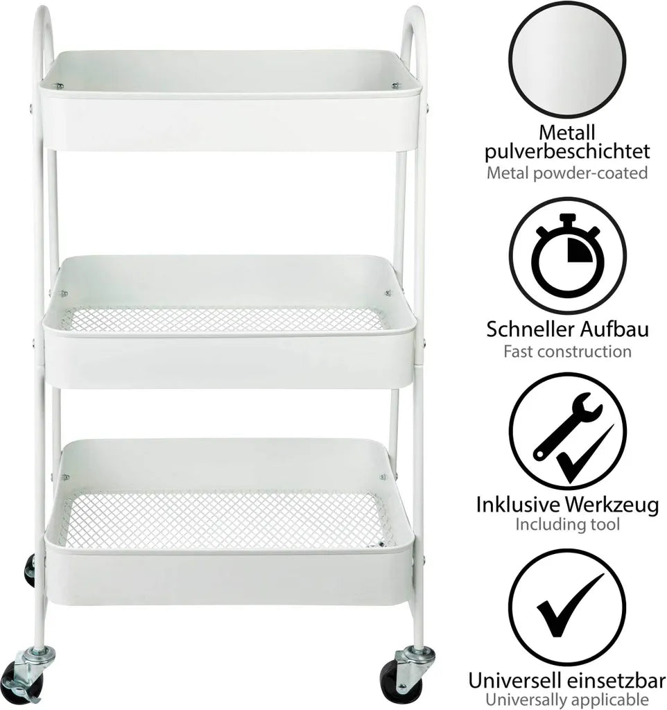  ONVAYA® Servierwagen Silvio | Beistellwagen | Weiß | 30,5 X 45 X 77 Cm | 3 Fächer | Multifunktionswagen | Transportwagen | Allzweckwagen | Küchentrolley | Nischenregal