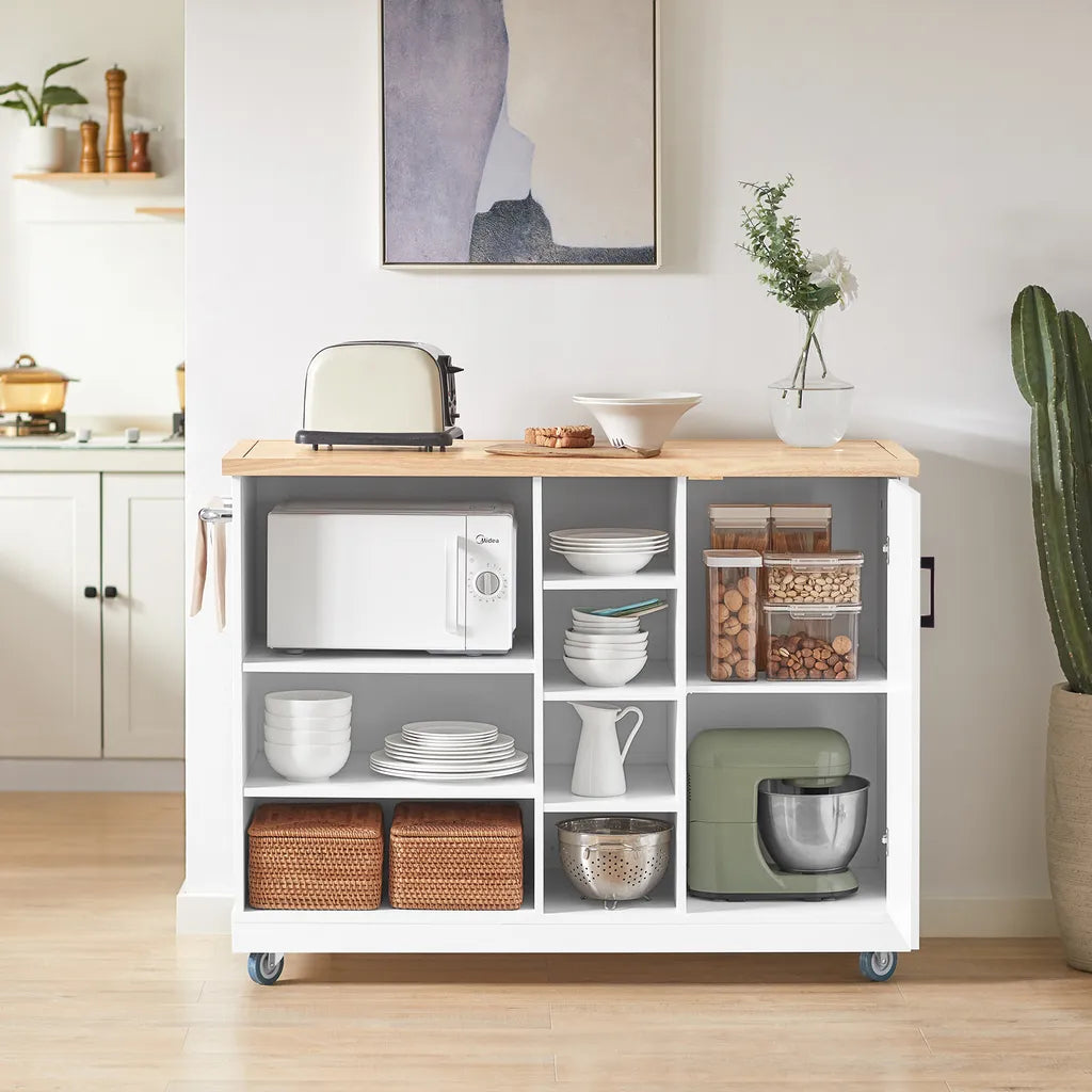  SoBuy FKW105-WN Design Küchenwagen Mit Arbeitsplatte Kücheninsel Küchenschrank Rollwagen Mikrowellenschrank Weiß-Natur BHT Ca.: 127x94x51cm