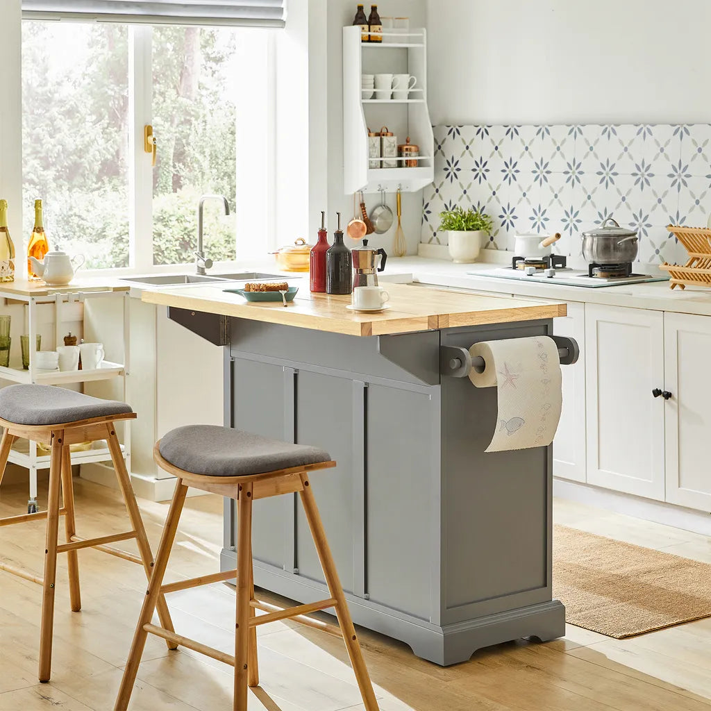  SoBuy FKW71-HG Kücheninsel Küchenwagen Mit Erweiterbarer Arbeitsplatte Küchenschrank Servierwagen Holz BHT Ca.: 115x92x46-71cm