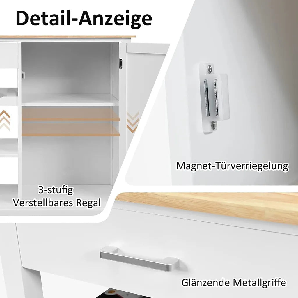  COSTWAY Küchenwagen Auf Rollen, Kücheninsel Mit Schublade, Weinregal, Offene Regale & Handtuchhalter, Platzsparender Servierwagen, Für Küche, Esszimmer, Bar, Weiß